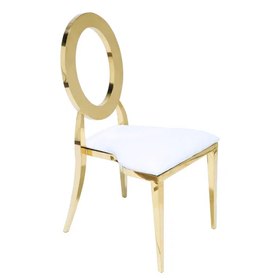 Silla de banquete de oro de alquiler de boda, silla de comedor de cuero blanco de acero inoxidable, barata, gran oferta